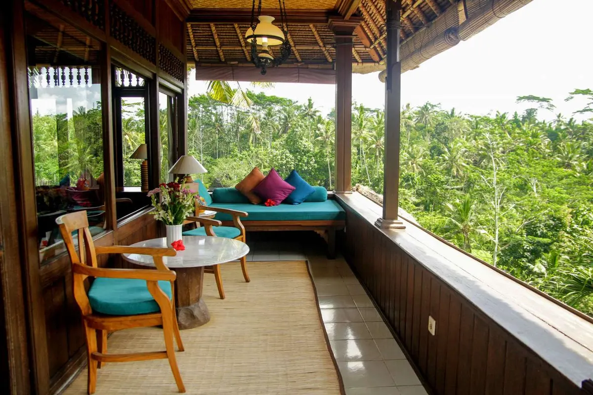 The veranda of a Grand Deluxe Valley room, facing the forest