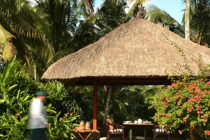 The pool of an Ayung Pool Villa, below a thatched pavilion