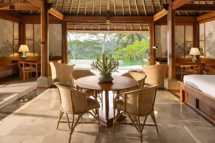 The living room of a one-bedroom villa, open to the valley