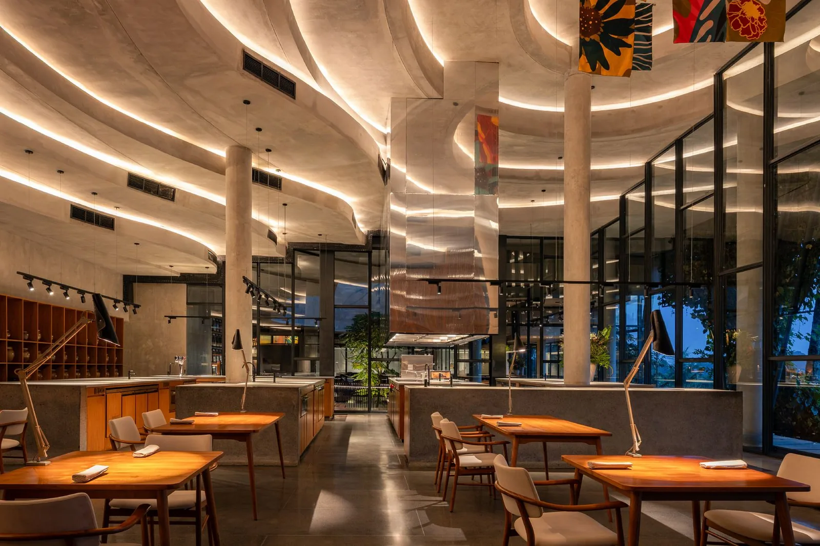 Locavore NXT’s dining room, wooden tables under a curved ceiling