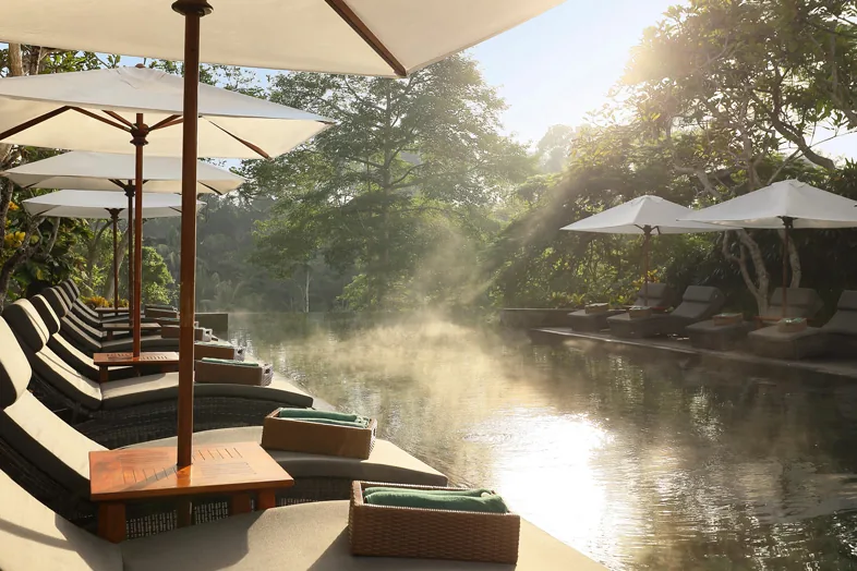 The infinity pool, with loungers and parasols