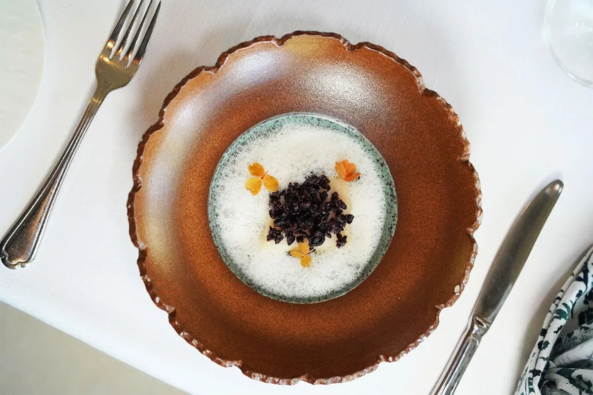 A tasting-menu dish on a brown ceramic plate