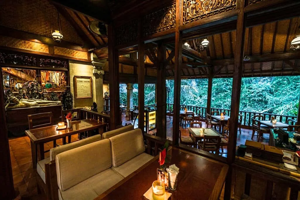 One of the warung’s dining levels, open to the greenery of the gorge